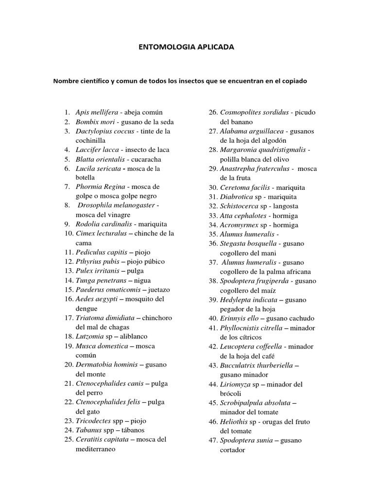 Nombres Cientificos de Algunos Insectos | PDF | Insectos | Insectos y