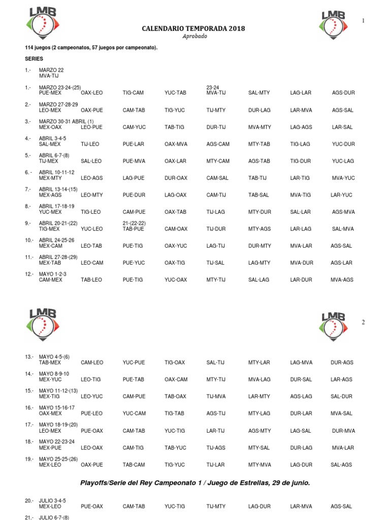 Calendario de Juegos Liga Mexicana de Beisbol 2018 PDF Clubes