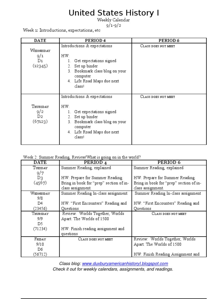 US History I Weekly Calendar Overview | PDF | Chess | Chess Theory
