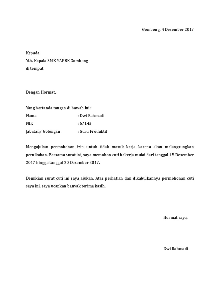 Contoh Format Surat Cuti Menikah 19rabiulawwal1416