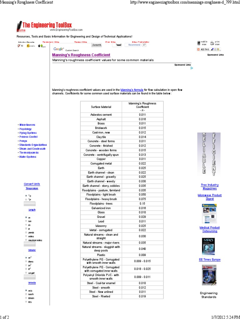 Manning Coefficient PDF PDF Pipe (Fluid Conveyance) Pressure