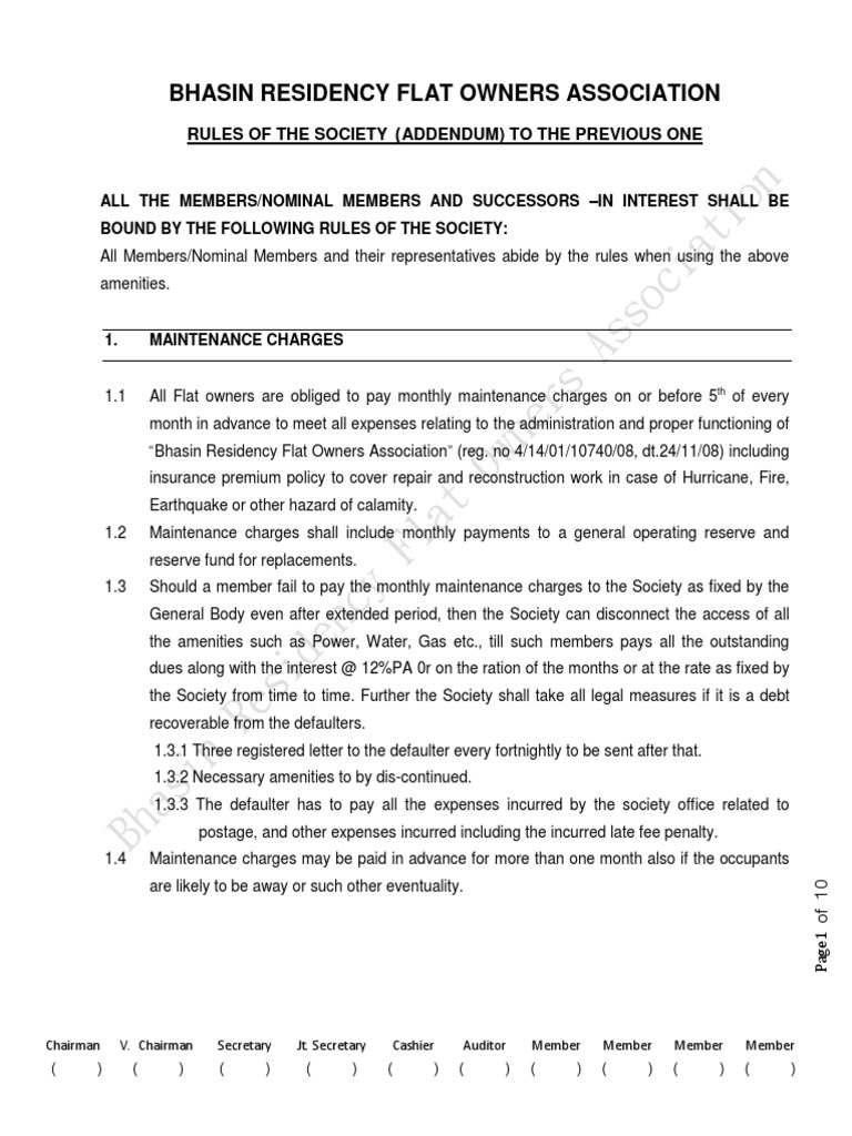 Bhasin Residency Flat Owners Association Rules and Regulations