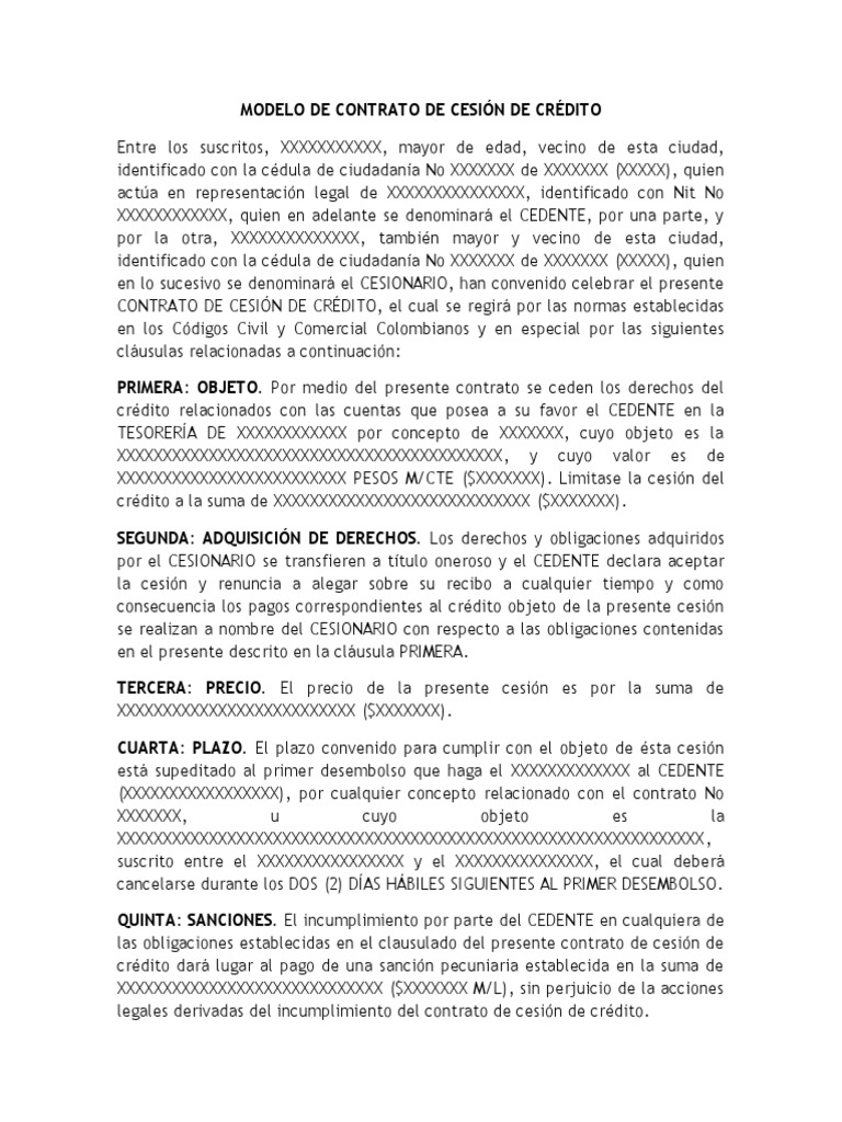 MODELO DE CONTRATO DE CESIÓN DE CRÉDITO EN COLOMBIA