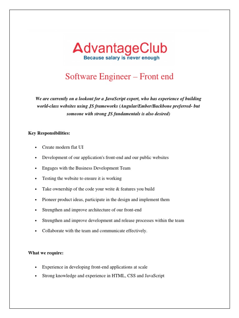 Front-End Software Engineer Job Opening | PDF | Java Script ...
