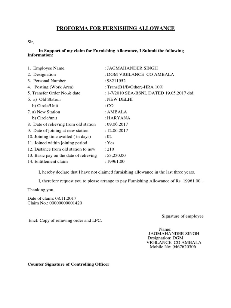 Proforma For Furnishing Allowance in Support of My Claim For