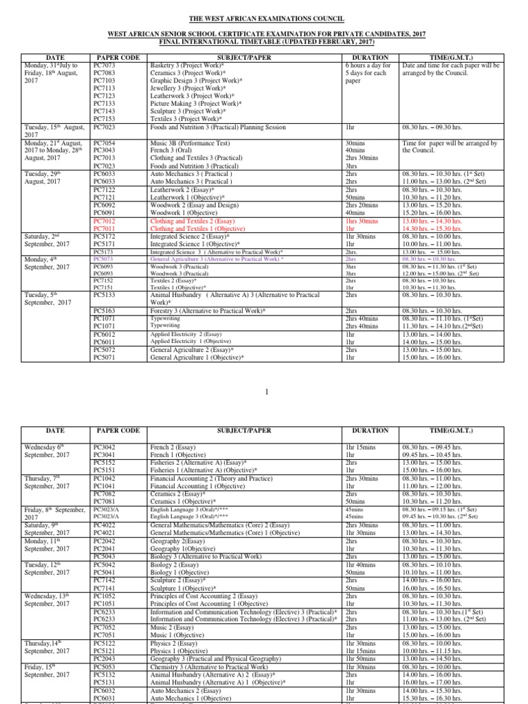 Wassce Timetable PDF