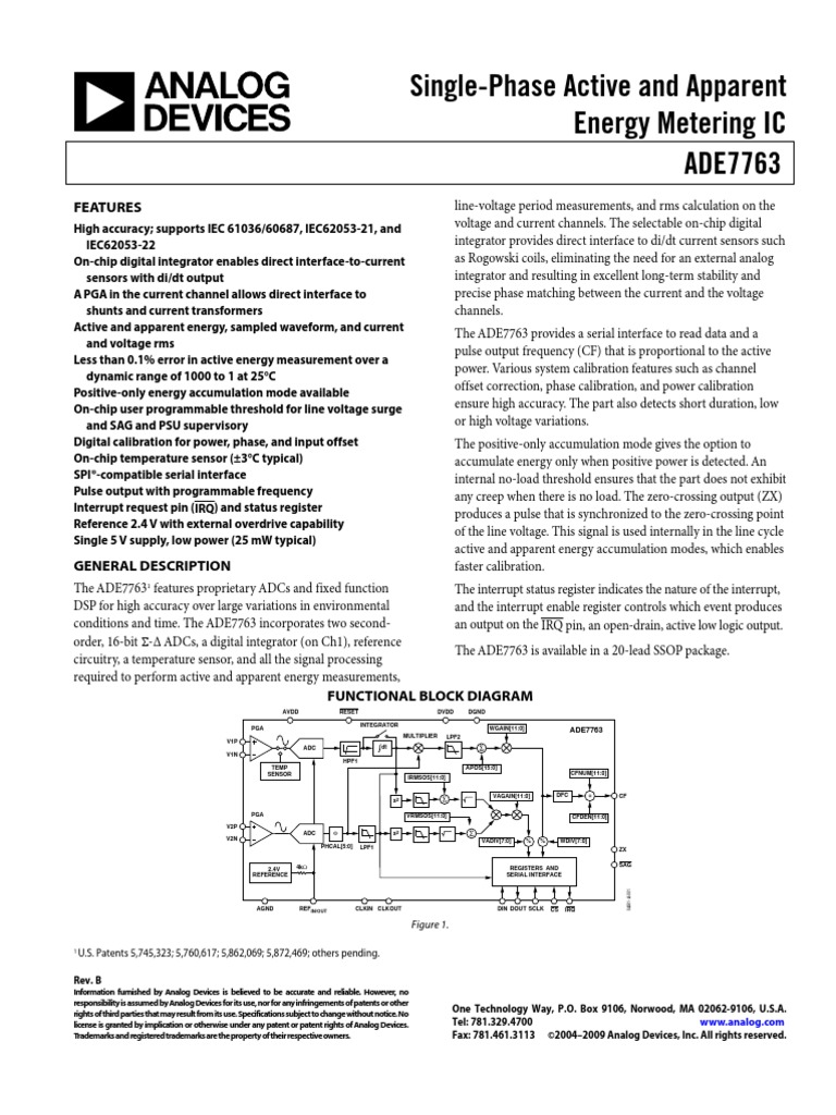 Single-Phase Active and Apparent Energy Metering IC ADE7763: Features | PDF