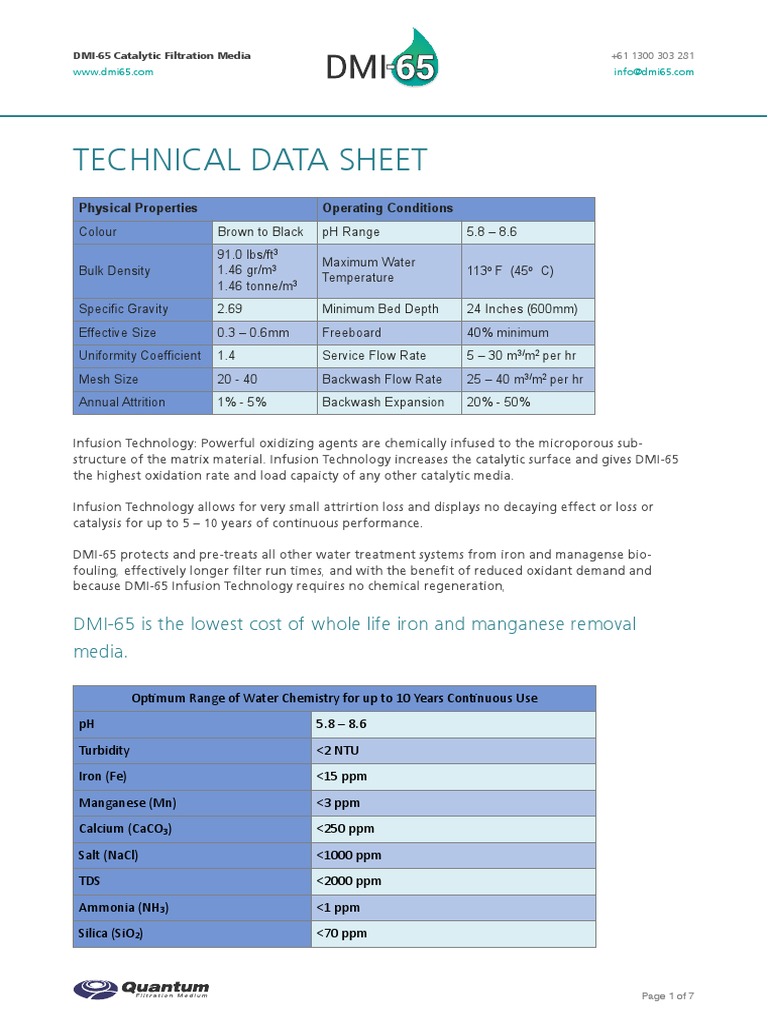 DMI 65 Technical Data Sheet | PDF | Filtration | Water Purification