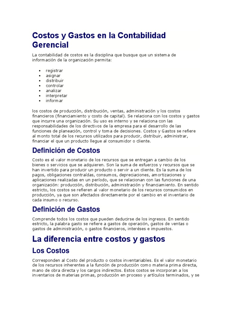 Costos y Gastos en Contabilidad Gerencial | PDF | Costo | Distribución ...