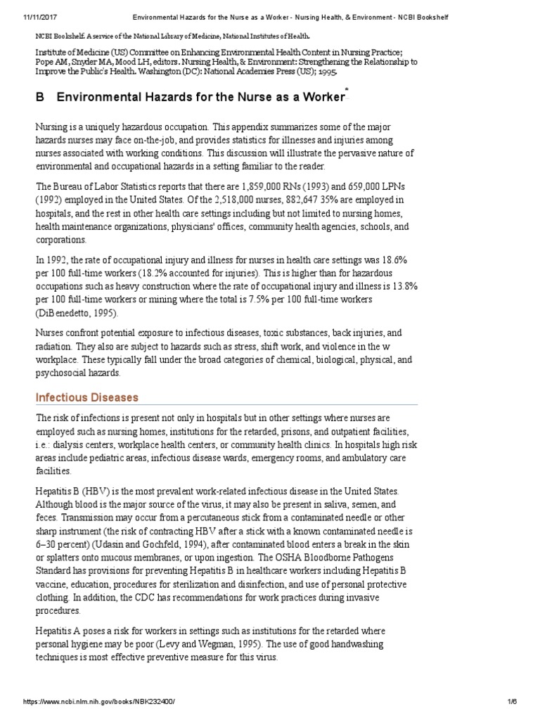 Environmental Hazards For The Nurse As A Worker Nursing Health