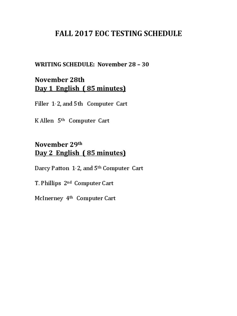Fall 2017 Eoc Teating Schedule PDF