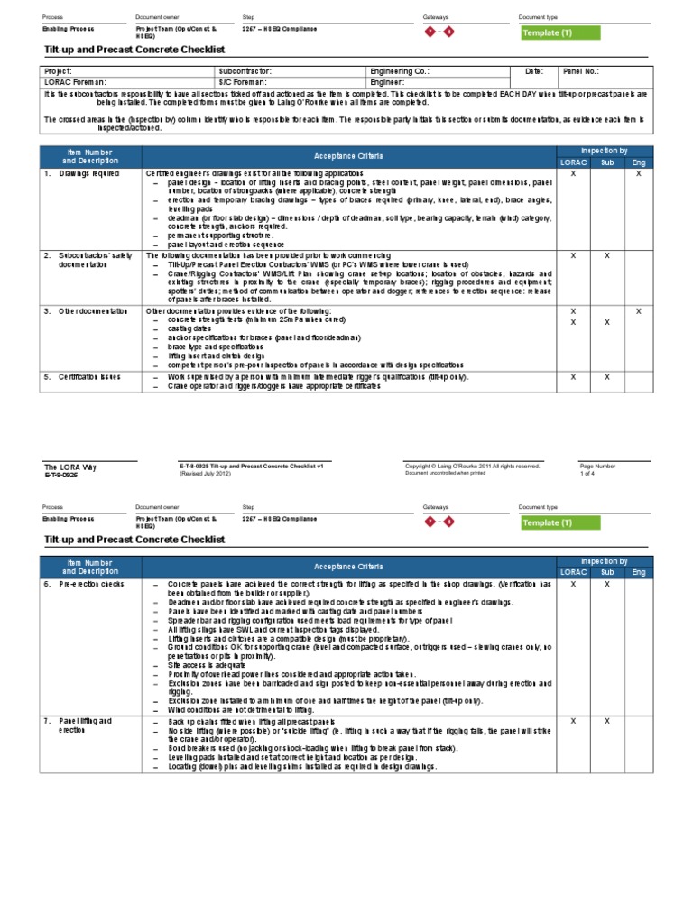 Tilt Up and Precast Concrete Checklist Specification (Technical
