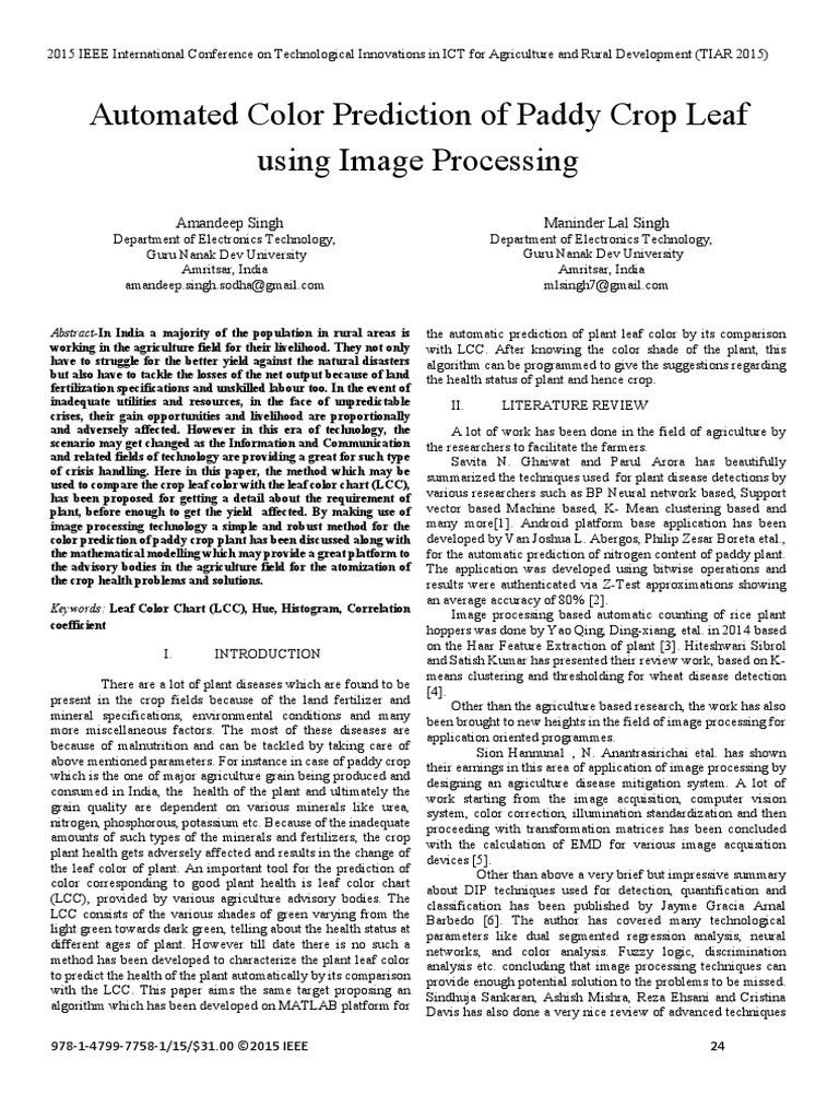 Automated Color Prediction of Paddy Crop Leaf Using Image Processing ...