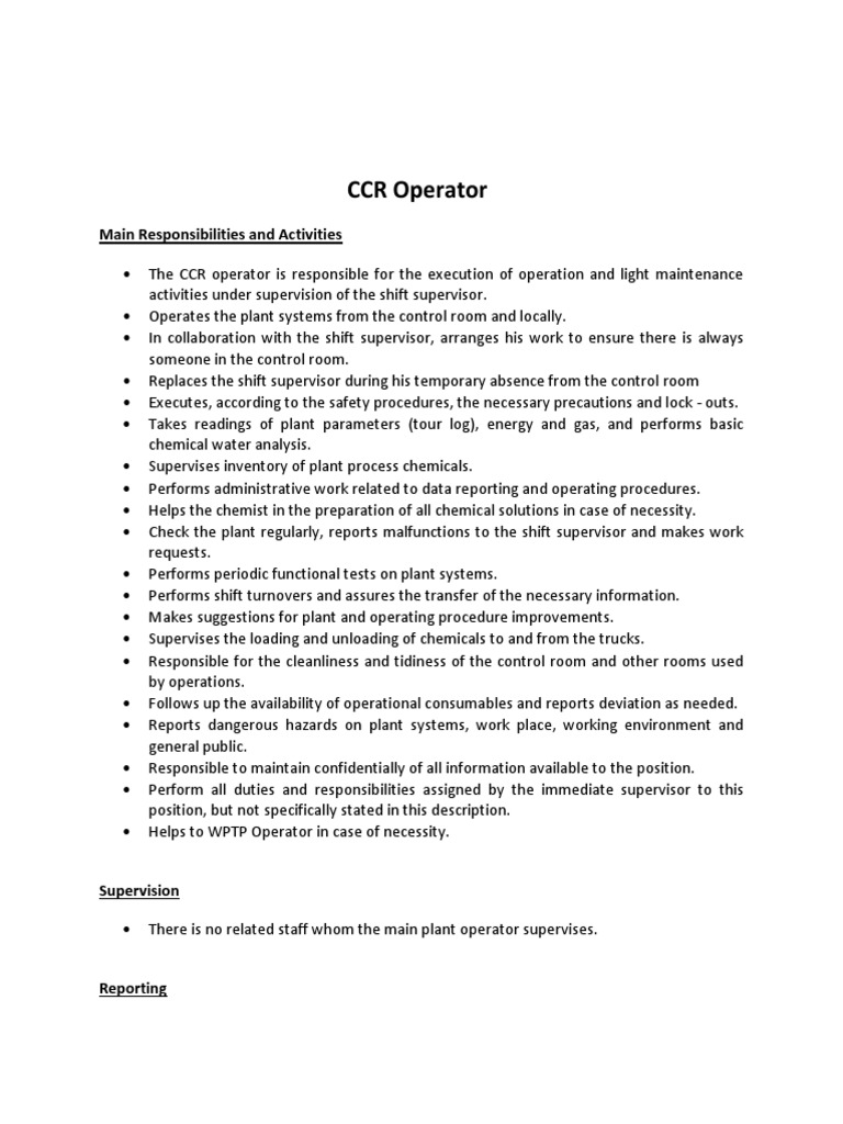 CCR Operator: Main Responsibilities and Activities | Download Free PDF ...