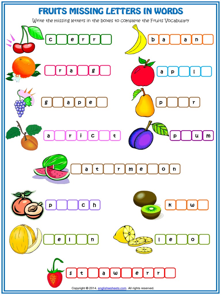 fruit vocabulary missing letters in words esl worksheet pdf