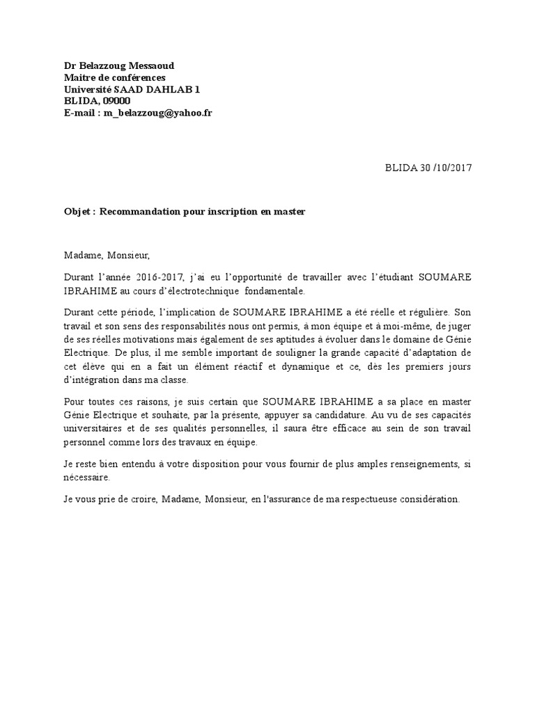 Lettre De Recommandation D un Prof Pour Un étudiant Pdf Lettre Recommandation Master | PDF