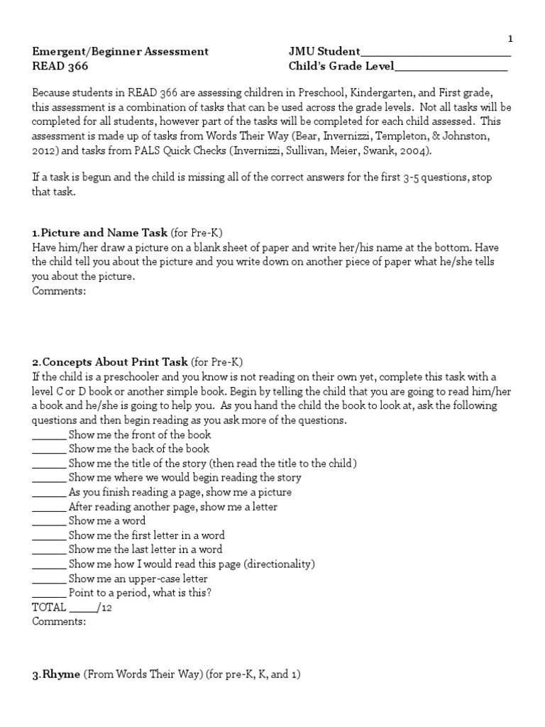 Emergent Literacy Assessment Guide | PDF | Letter Case | Kindergarten