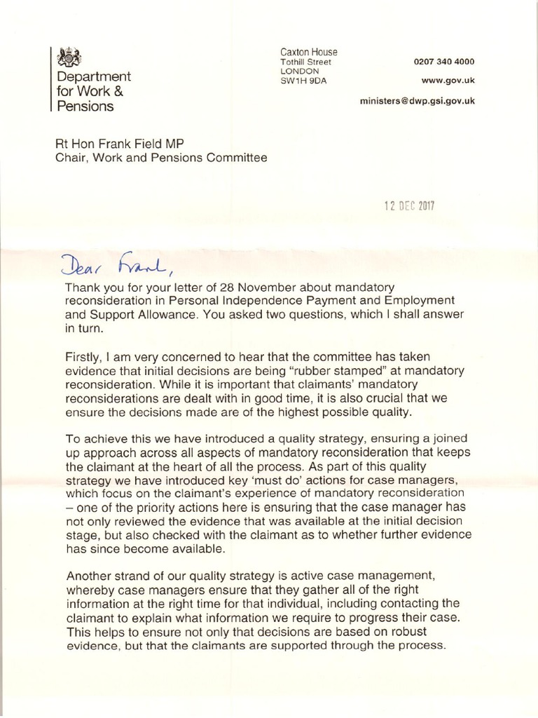 Letter From The Minister For Disabled People To The Work And