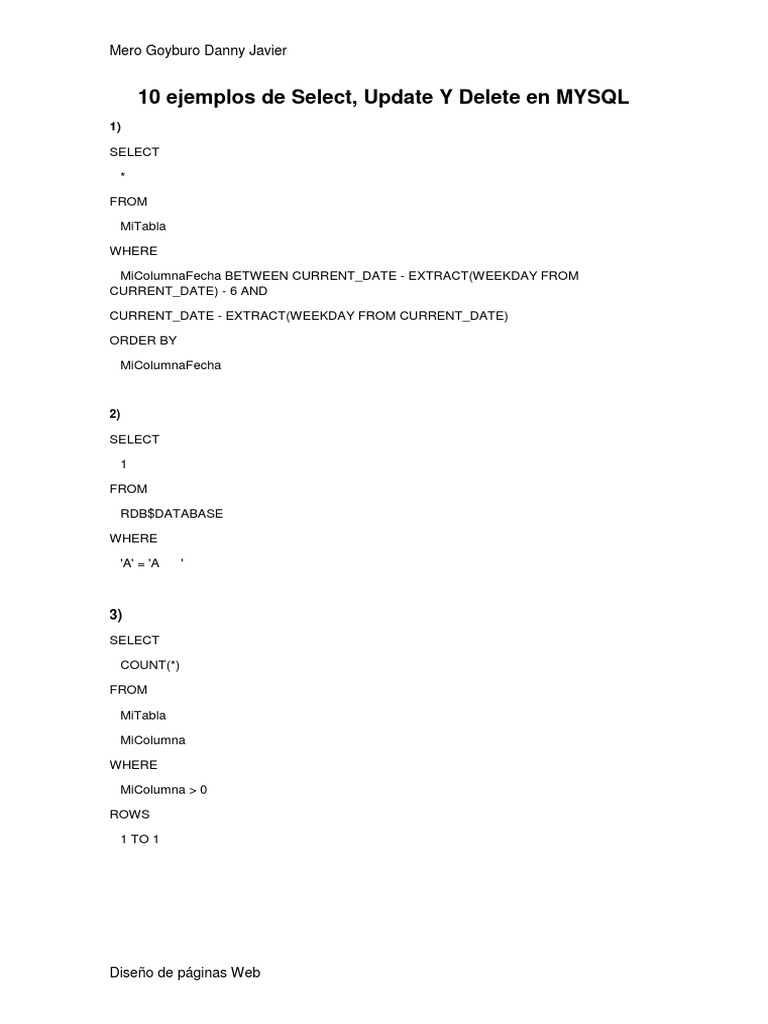 MySQL Select, Update, Delete Examples | PDF