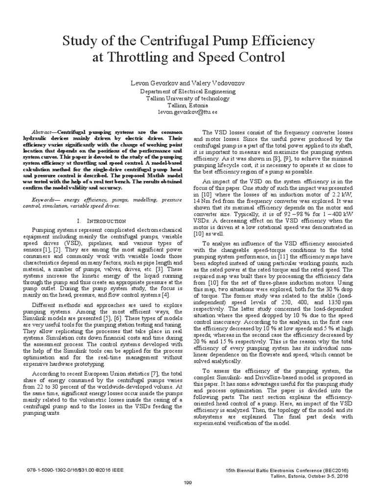 Study of The Centrifugal Pump Efficiency at Throttling and Speed Control PDF Pump Computer