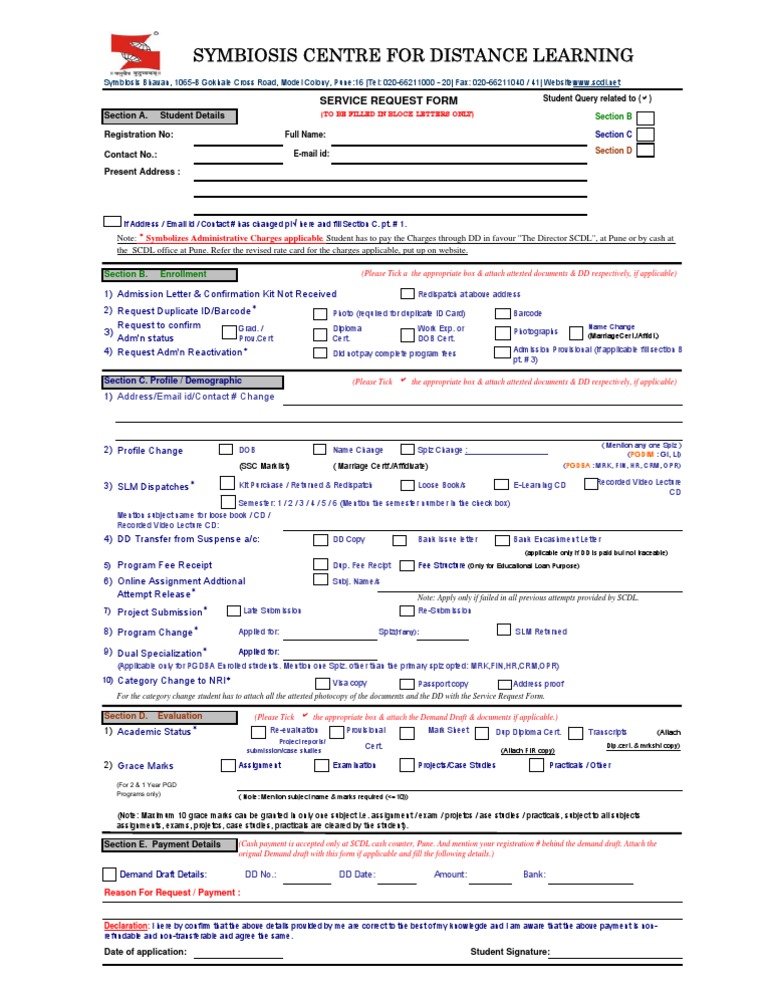 Symbiosis Centre For Distance Learning: Service Request Form | PDF