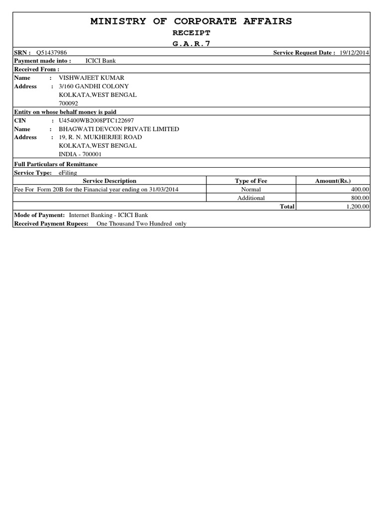 Ministry of Corporate Affairs: Receipt G.A.R.7 | PDF