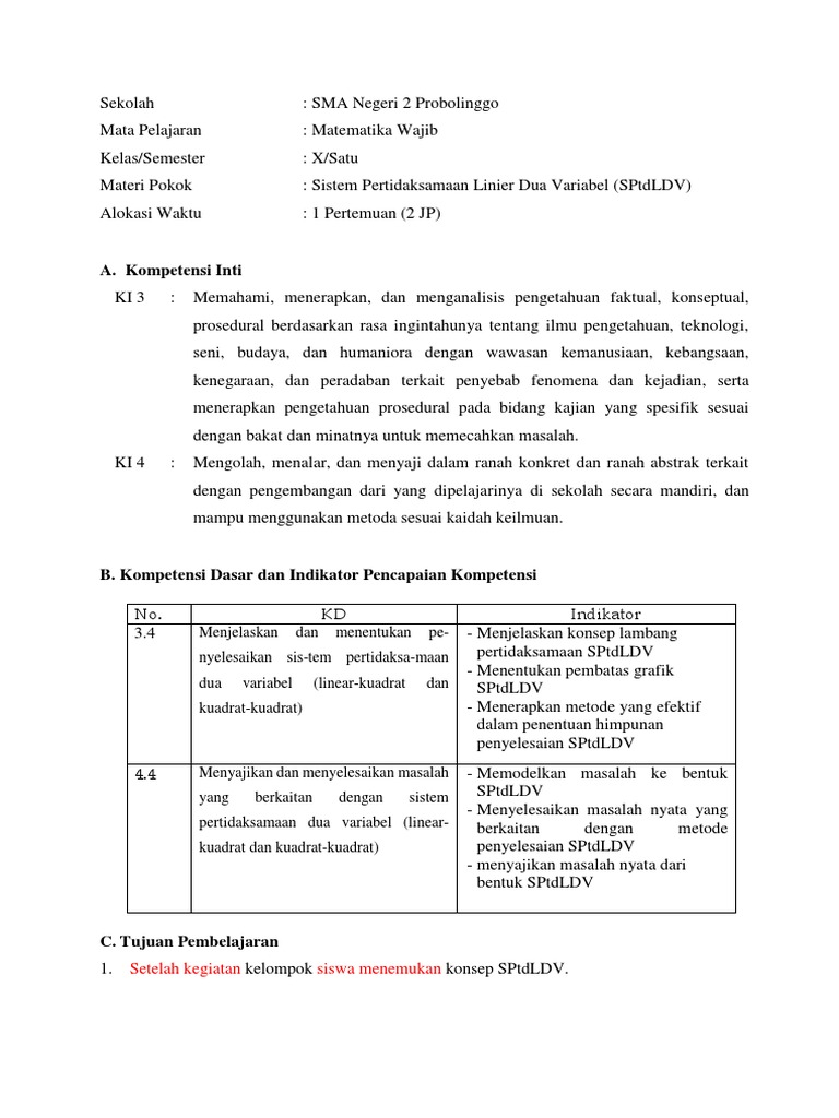 Rpp Sistem Pertidaksamaan Linier Dua Variabel Revisi