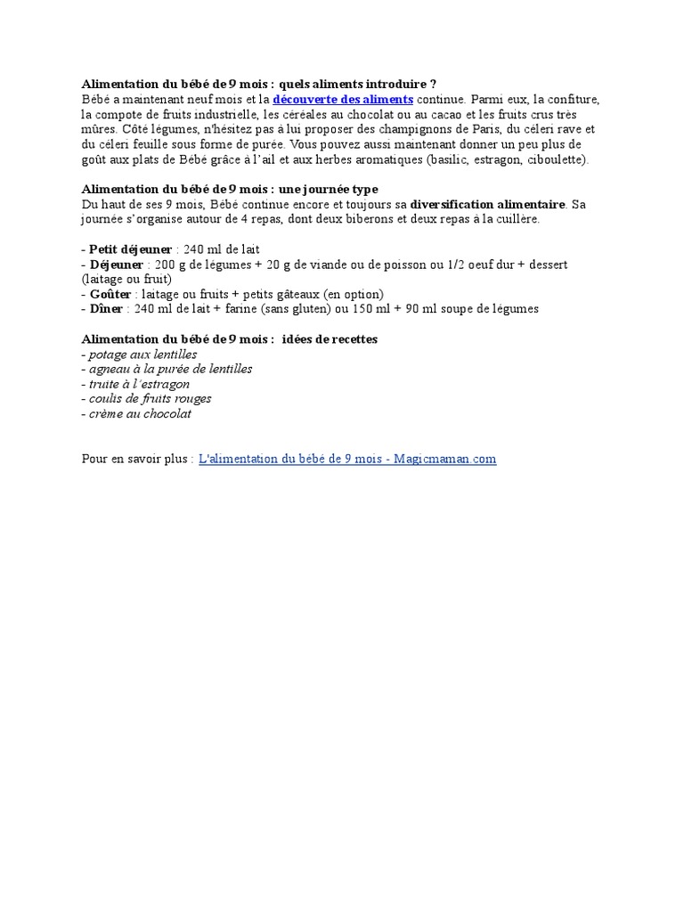 Alimentation Du Bebe De 9 Mois Pdf