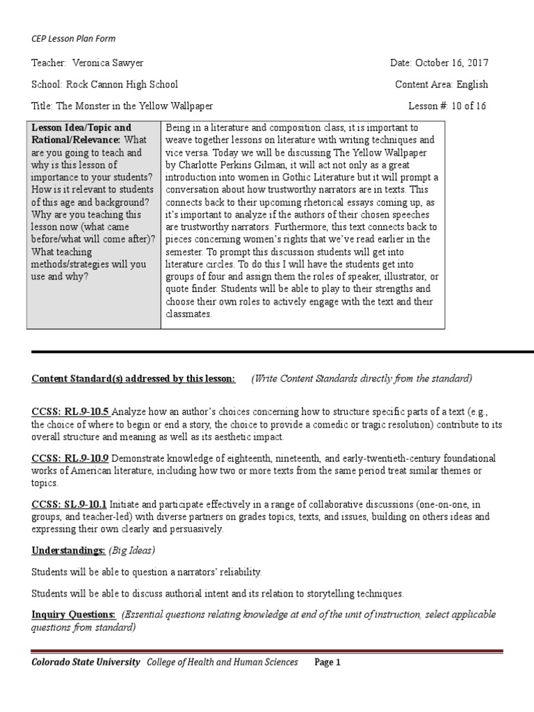 CEP Lesson Plan Form (Write Content Standards Directly From The