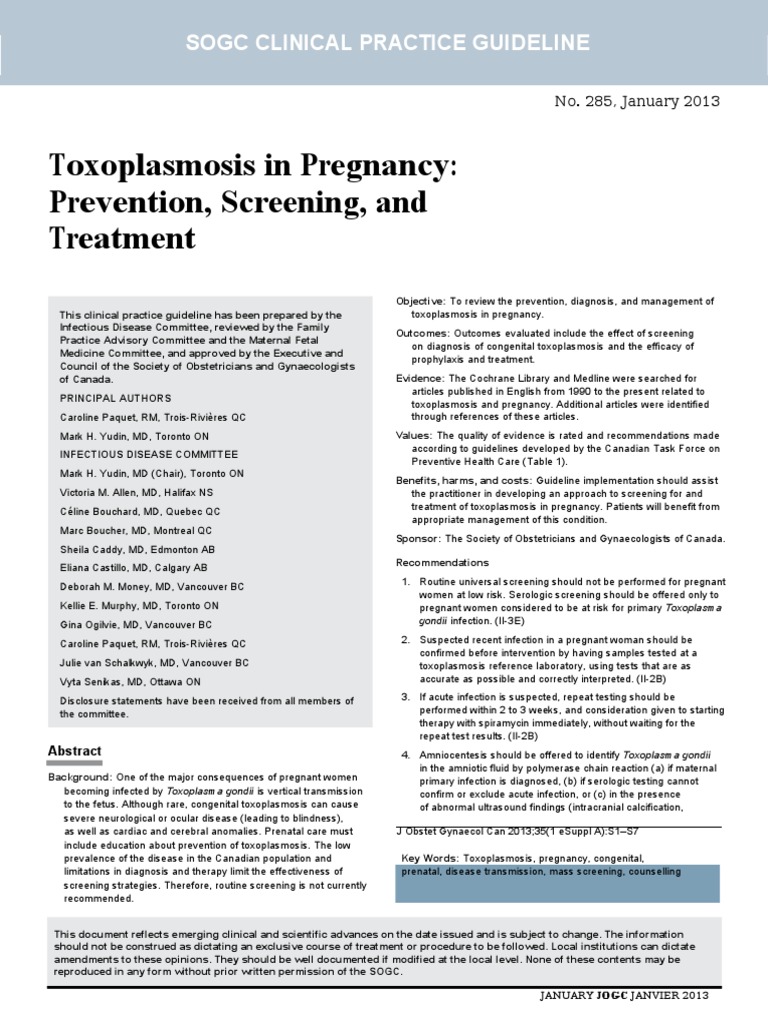 Toxoplasmosis in Pregnancy Prevention, Screening, and Treatment