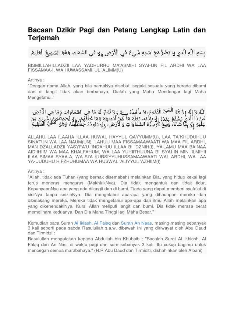Bacaan Dzikir Pagi Dan Petang Lengkap Latin Dan Terjemah