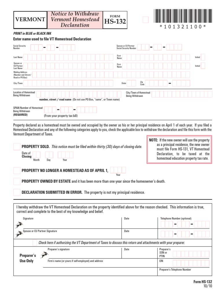 Vermont Homestead Declaration Withdrawal Form | PDF | Social Security ...