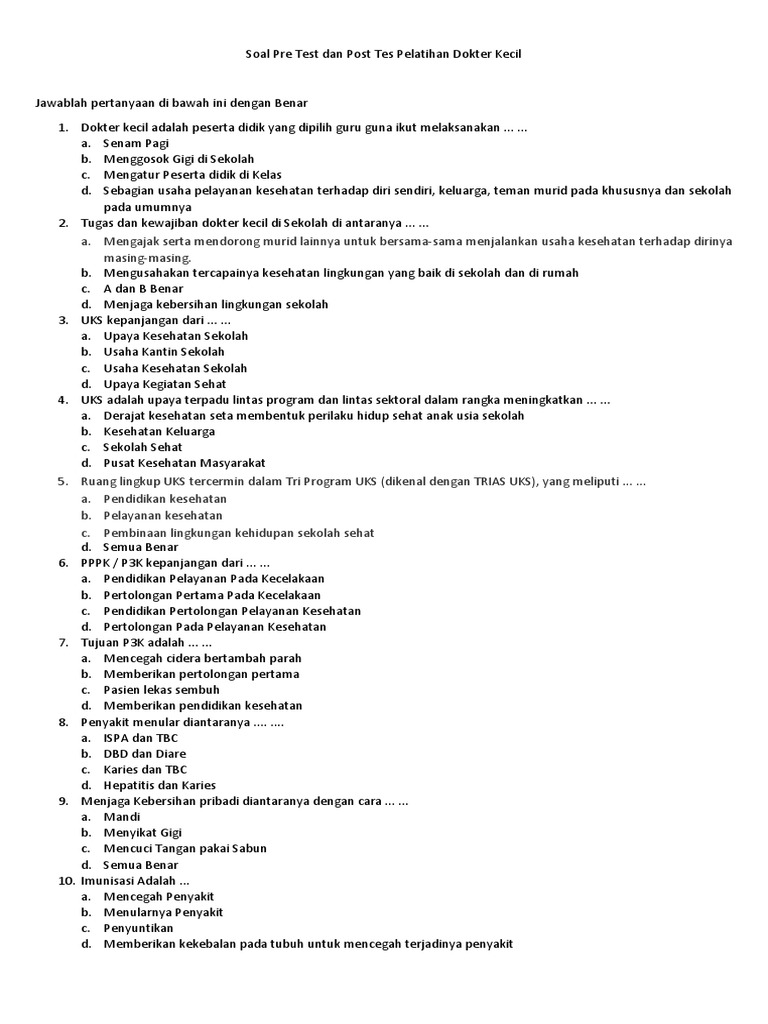 Soal Pre Test Dan Post Tes Pelatihan Dokter Kecil