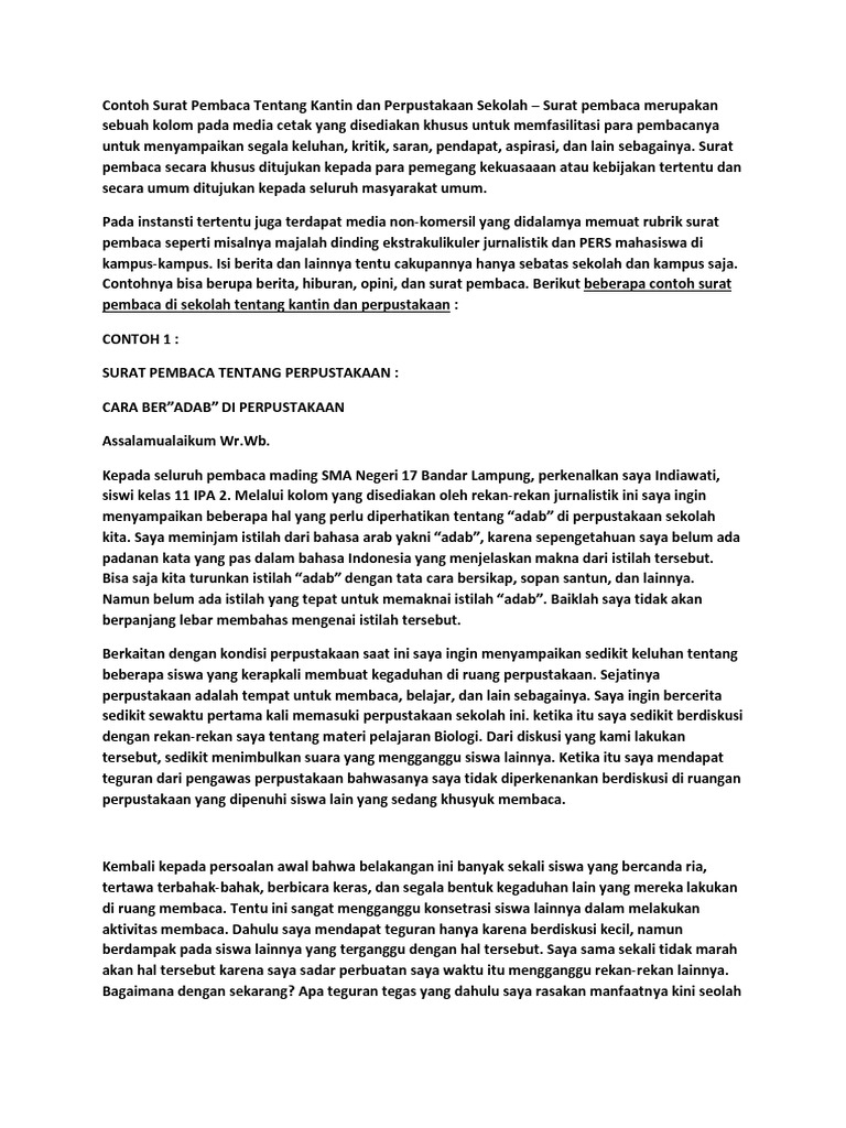 Contoh Surat Pembaca Tentang Kantin dan Perpustakaan