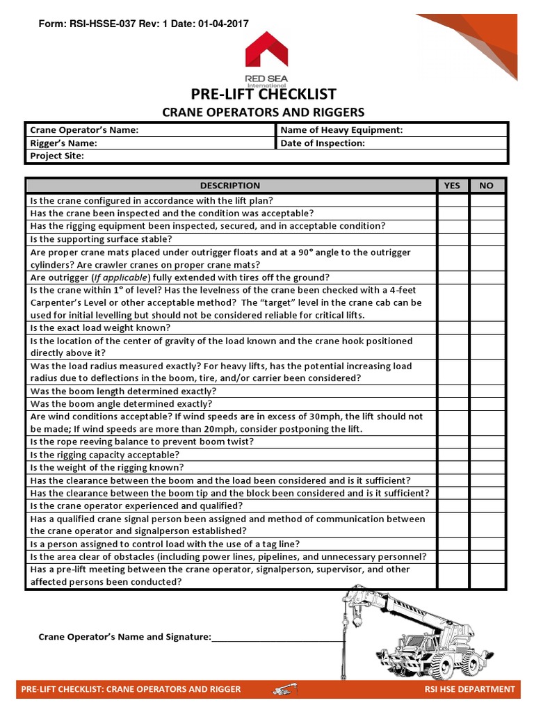 PreLift Checklist Crane Operators and Riggers PDF Crane (Machine