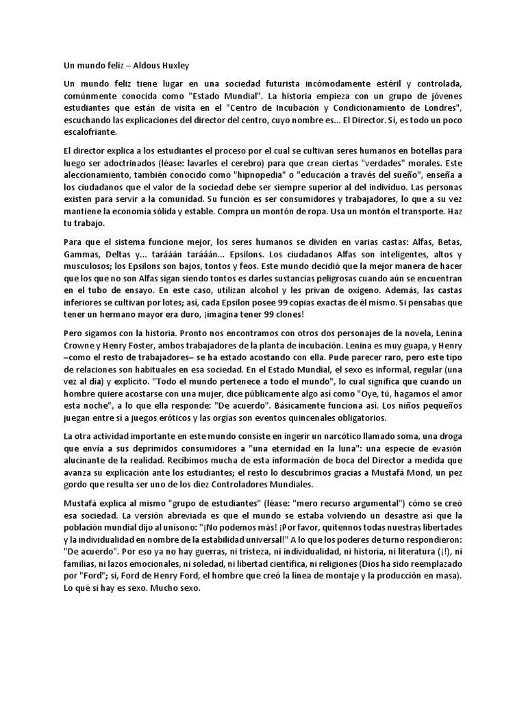 Un Mundo Feliz Primer Resumen PDF William Shakespeare