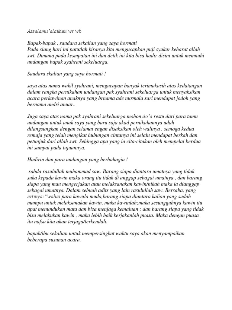 Contoh Naskah Pidato Kata Sambutan Acara Resepsi Pernikahan | PDF