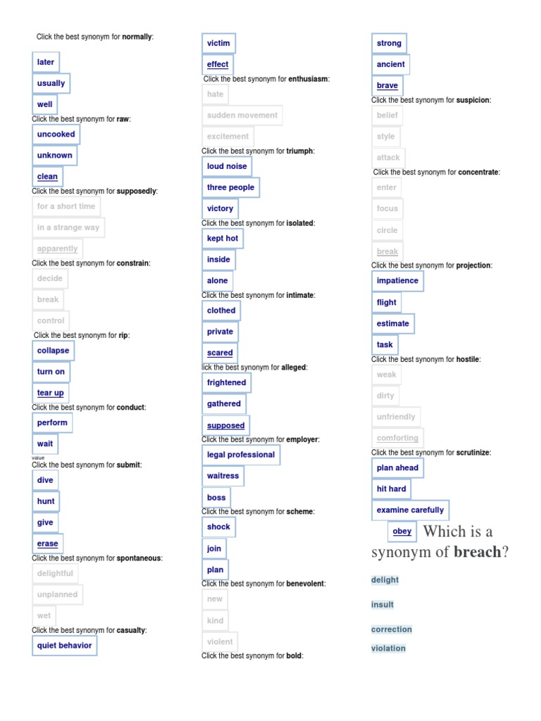 Which Is A Synonym Of Breach Hate Sudden Movement Excitement Belief
