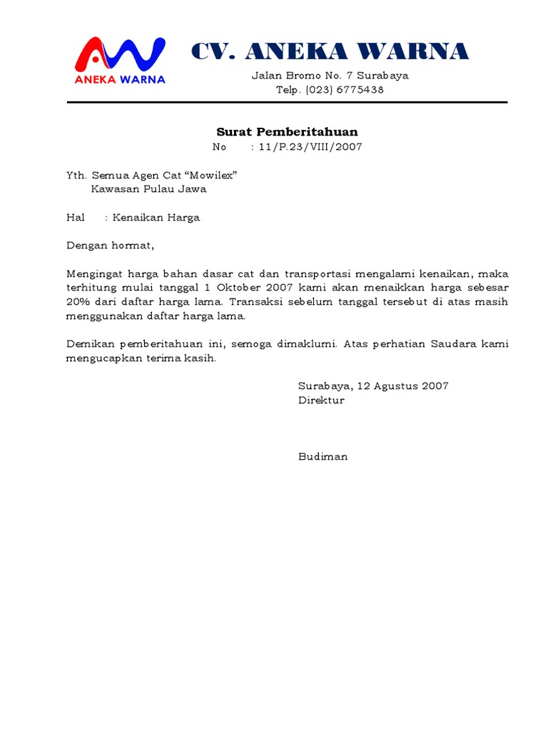 Contoh Pemberitahuan Kenaikan Harga  PDF