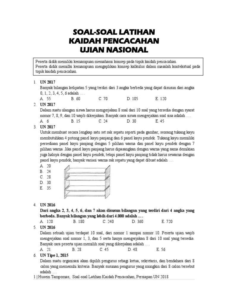 Soal Soal Un Kaidah Pencacahan 2018