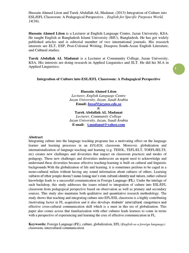 Integration of Culture Into ESL EFL Clas PDF | PDF | English As A ...