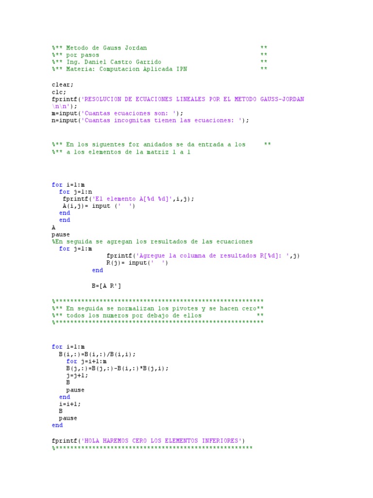 Gauss Jordan Sencillo Matlab | PDF