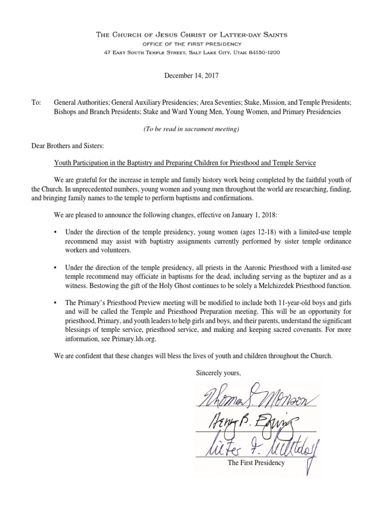 First Presidency Letter 14 December 2017 PDF Priest Baptism