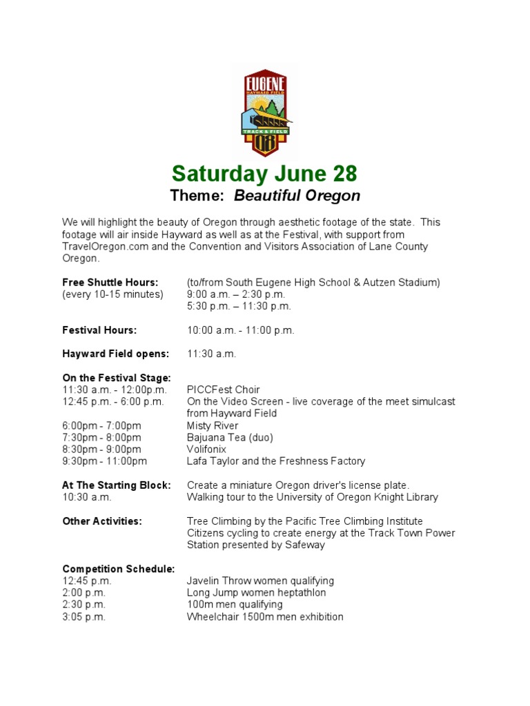 Oregon Festival Schedule & Highlights | PDF