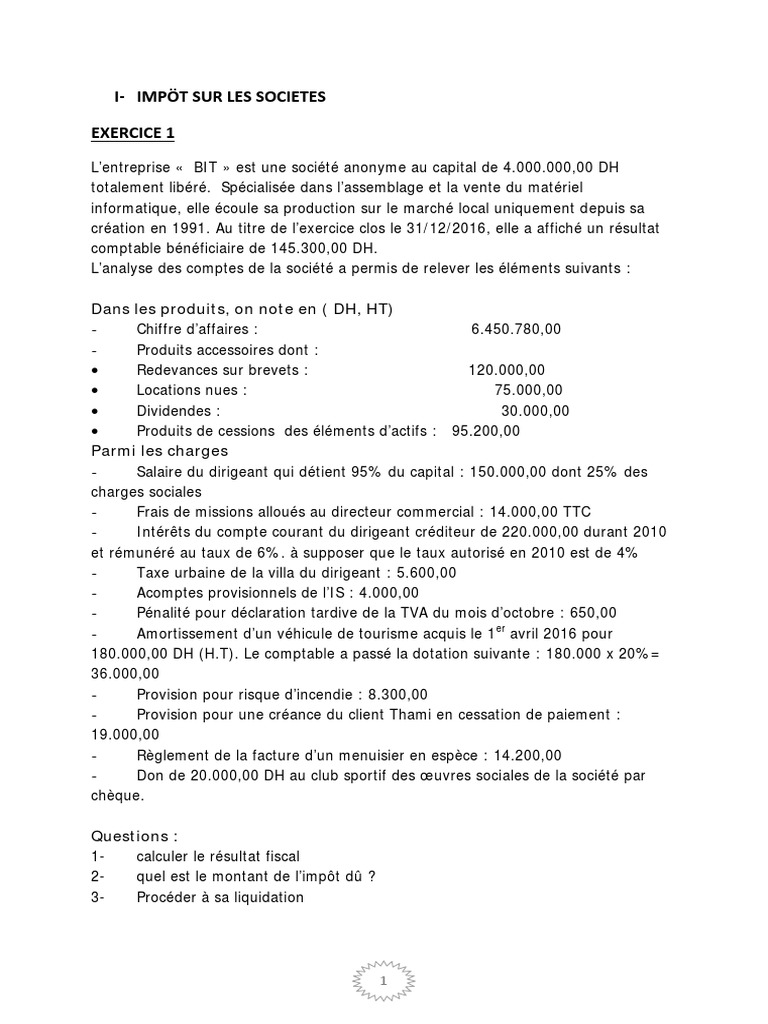 Calcul de l'impôt sur les sociétés et revenus | PDF | Taxe sur la ...