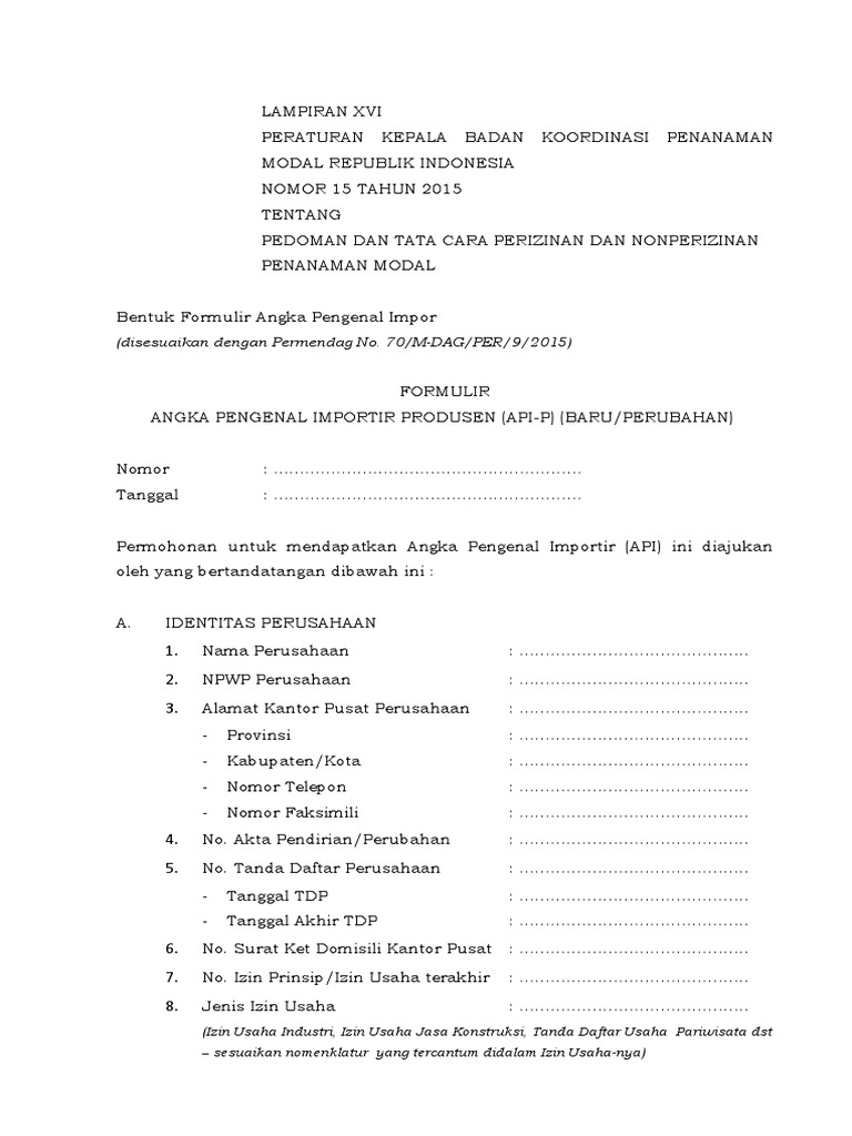 Formulir Permohonan Angka Pengenal Importir Produsen (API-P) | PDF