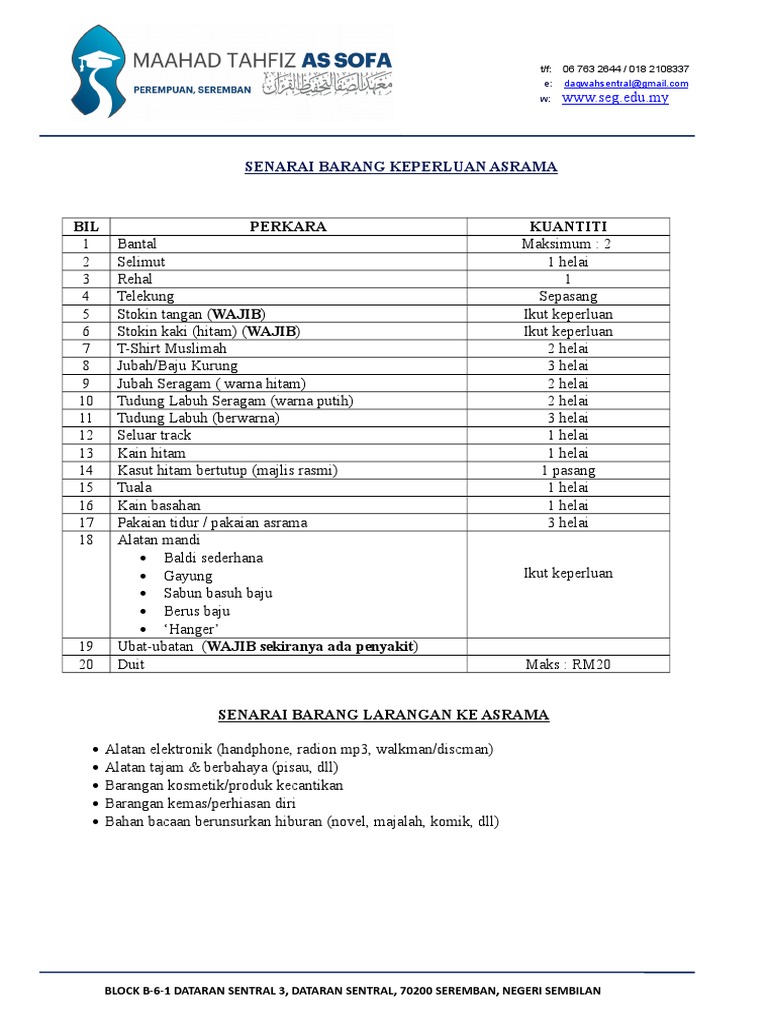 Senarai Keperluan Asrama Sesi 2018