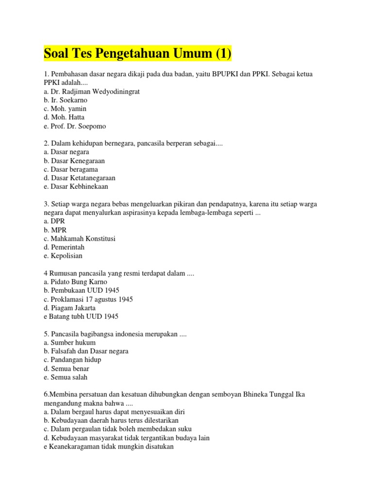 Soal Tes Pengetahuan Umum docx Soal Tes Pengetahuan Umum docx
