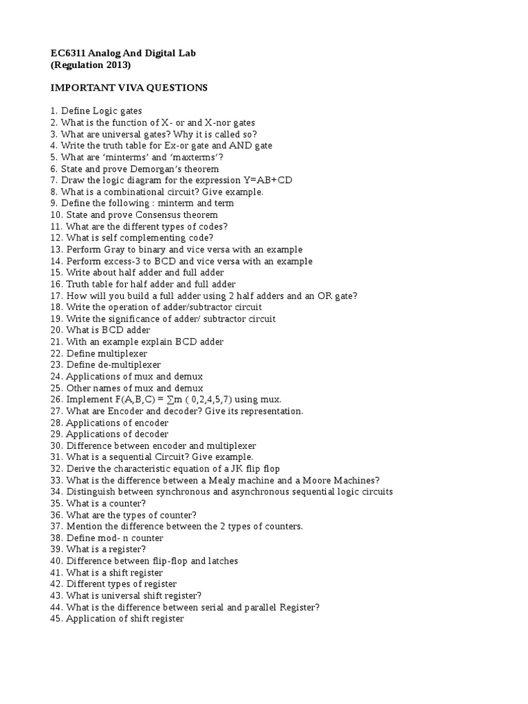 Important Viva Questions on Logic Gates, Combinational Circuits