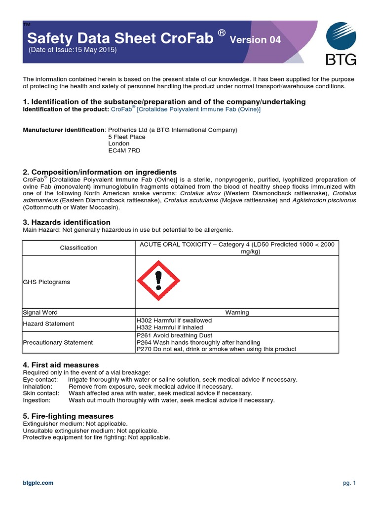 CroFabMaterial Safety Data Sheet Toxicity Occupational Safety And
